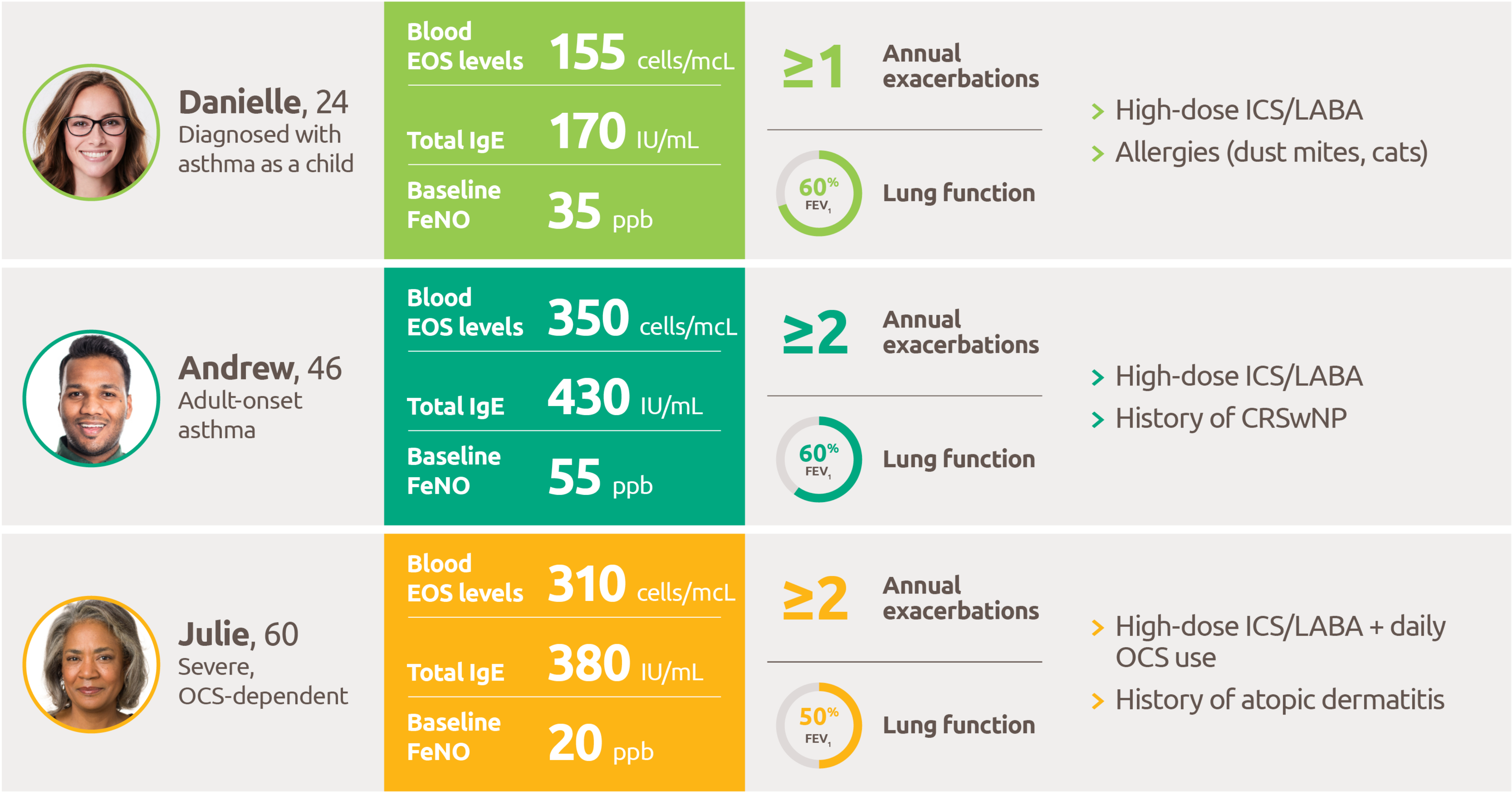 Table showing the patient profiles for three hypothetical patients. 

Danielle is 24 years old and was diagnosed with asthma as a child. Her blood EOS levels are 155 cells per microlitre. Her total IgE is 170 IU per millilitre. Her baseline FeNO is 35 parts per billion. She experiences at least 1 exacerbation annually. In terms of lung function, her FEV1 is 60%. She’s on high-dose ICS/LABA, and she is allergic to dust mites and cats. Andrew is 46 years old and has adult-onset asthma. His blood EOS levels are 350 cells per microlitre. His total IgE is 430 IU per millilitre. His baseline FeNO is 55 parts per billion. He experiences at least 2 exacerbations annually. In terms of lung function, his FEV1 is 60%. He’s on high-dose ICS/LABA and has a history of chronic rhinosinusitis with nasal polyps. Julie is 60 years old and has severe, oral corticosteroid-dependent asthma. Her blood EOS levels are 310 cells per microlitre. Her total IgE is 380 IU per millilitre. Her baseline FeNO is 20 parts per billion. She experiences at least 2 exacerbations annually. In terms of lung function, her FEV1 is 50%. She’s on high-dose ICS/LABA plus daily corticosteroids. She has a history of atopic dermatitis.