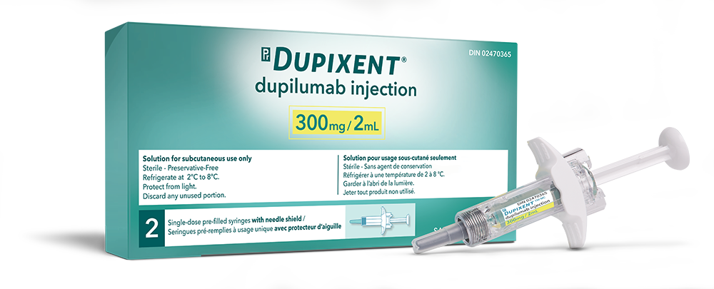 DUPIXENT box and 300 milligram syringe.