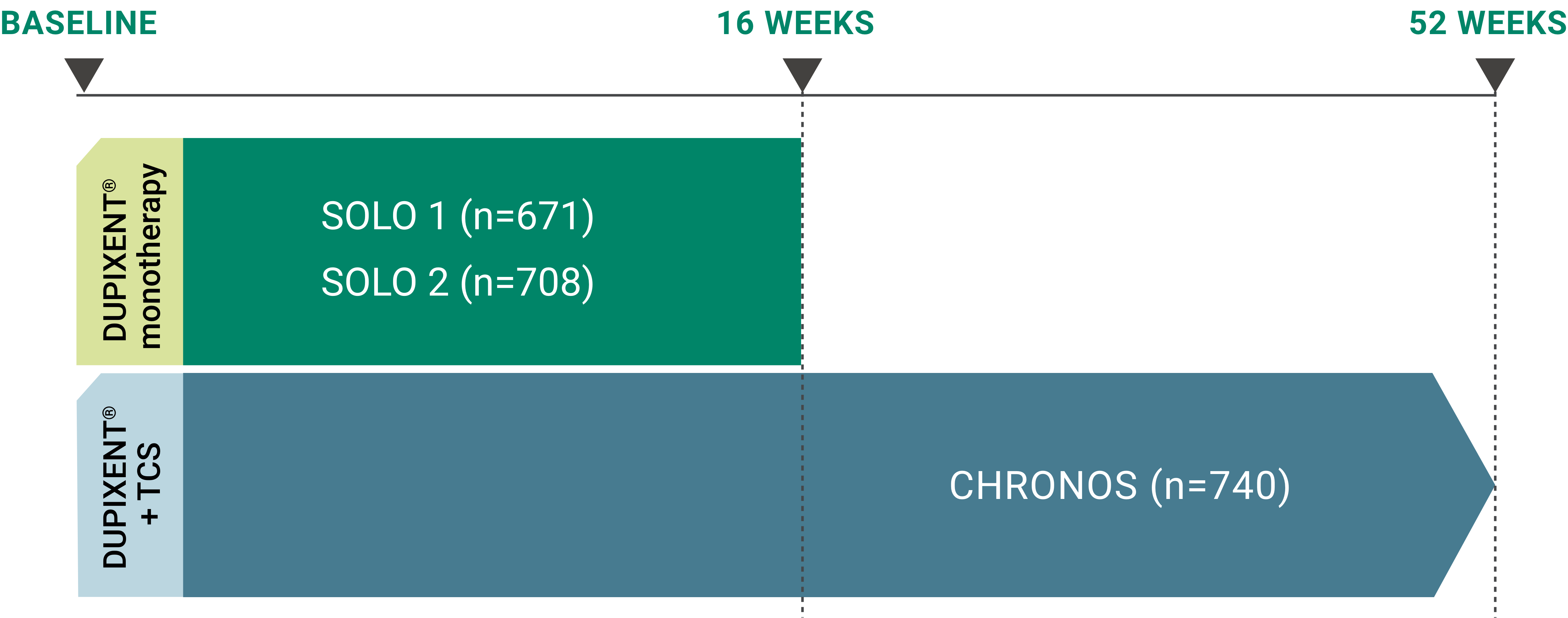 Showing the study designs of the DUPIXENT monotherapy and combination therapy studies. SOLO 1 and SOLO 2 were both monotherapy studies, while CHRONOS assessed the efficacy of DUPIXENT in combination with topical corticosteroids. 671 patients were enrolled in SOLO 1, 708 patients in SOLO 2, and 740 patients in CHRONOS. Both SOLO 1 and 2 were 16-week studies, while CHRONOS was a 52-week study.