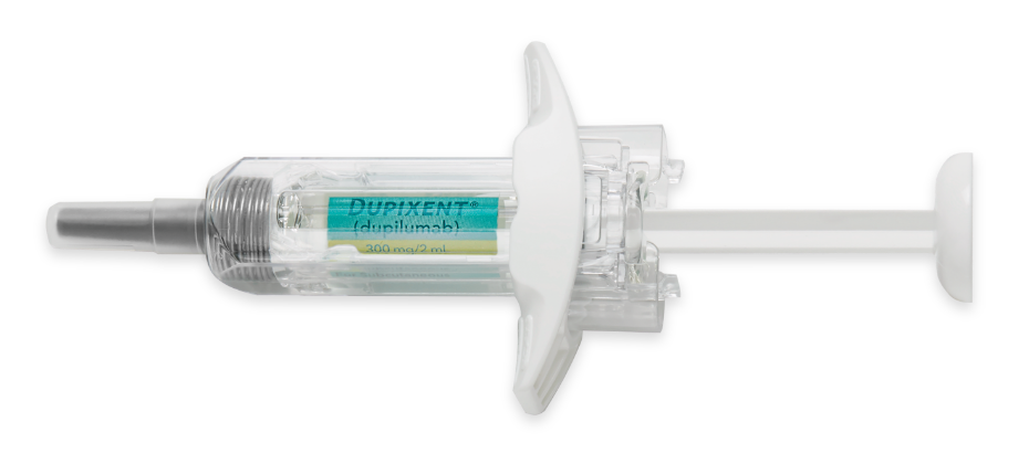 The DUPIXENT prefilled syringe with needle shield. 