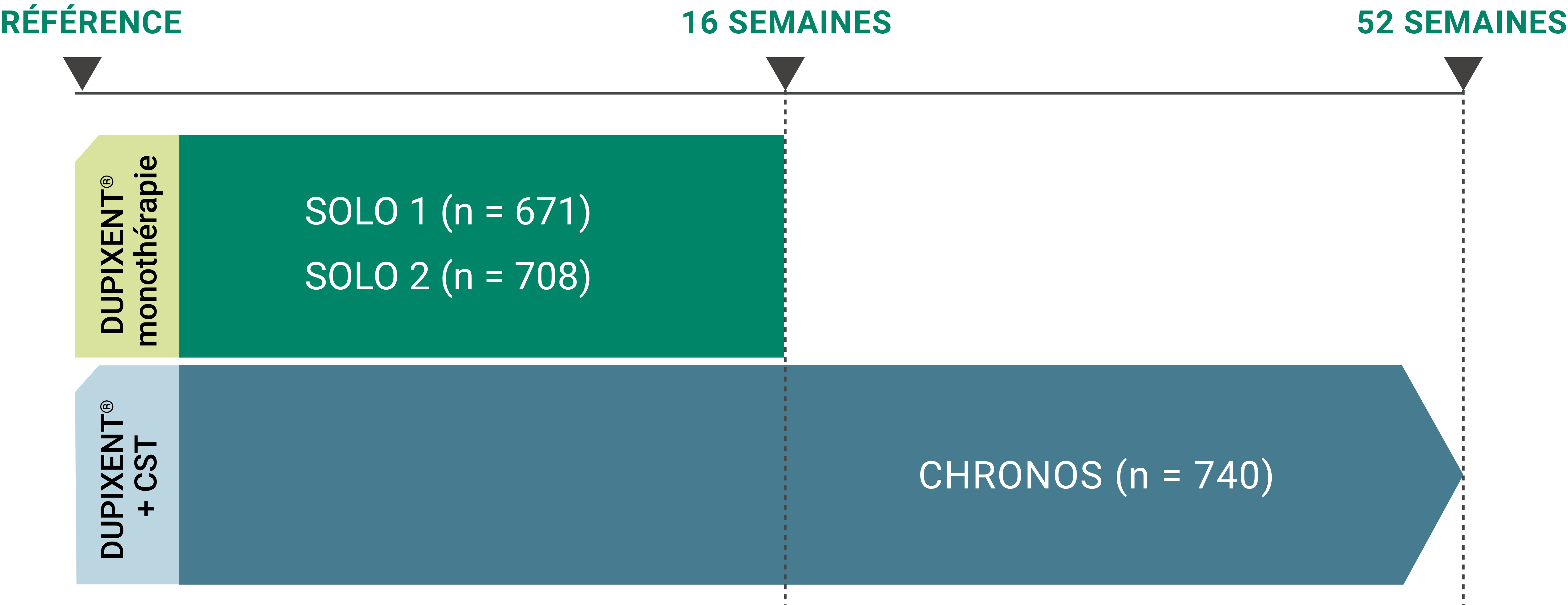 Plans des études sur DUPIXENT utilisé en monothérapie et en association. Les études SOLO 1 et SOLO 2 ont porté sur le traitement en monothérapie, alors que l’étude CHRONOS a évalué l’efficacité de DUPIXENT en association avec des corticostéroïdes topiques. L’étude SOLO 1 a été menée chez 671 patients, l’étude SOLO 2, chez 708 patients et l’étude CHRONOS, chez 740 patients. SOLO 1 et SOLO 2 étaient des études de 16 semaines, alors que CHRONOS était une étude de 52 semaines.