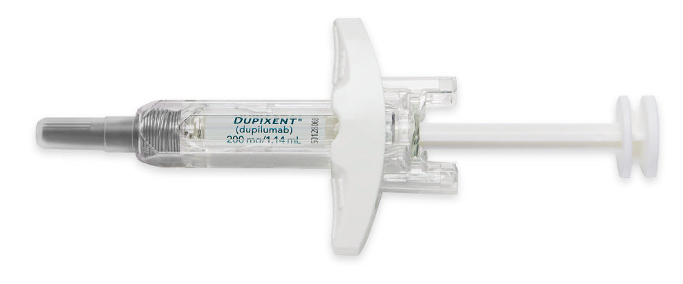 The DUPIXENT prefilled syringe.