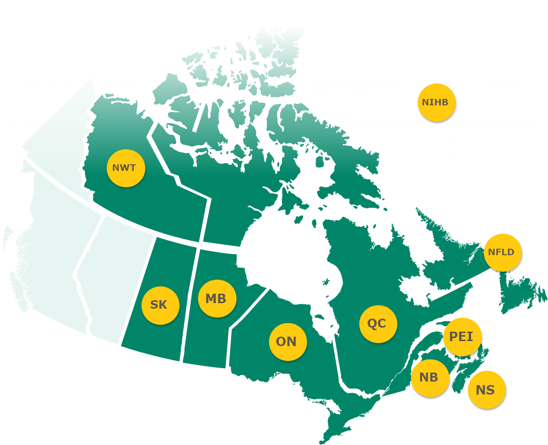 Map of Canada with interactive hot spots over each province/territory.